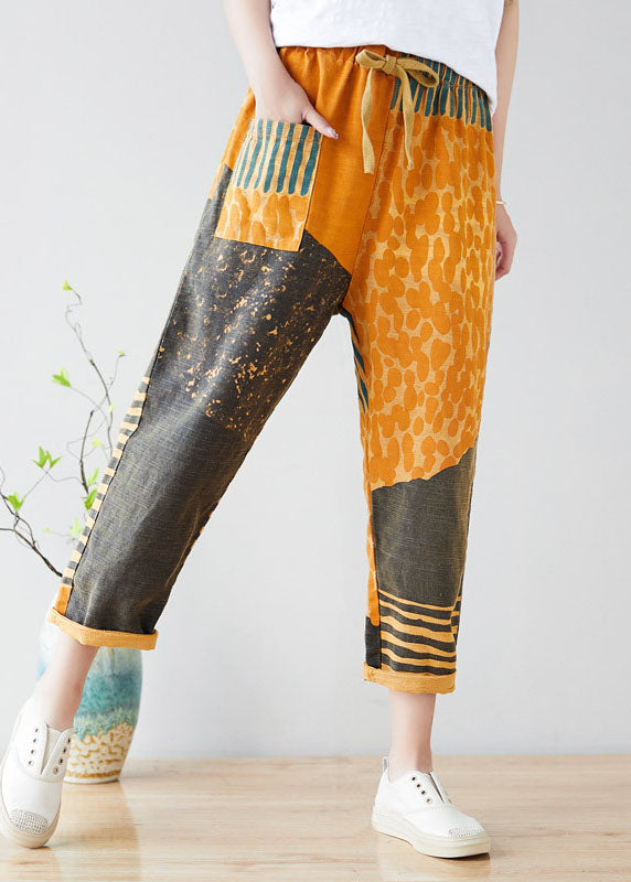 Original Design Yellow Elastic Waist Print Cotton Pants Spring