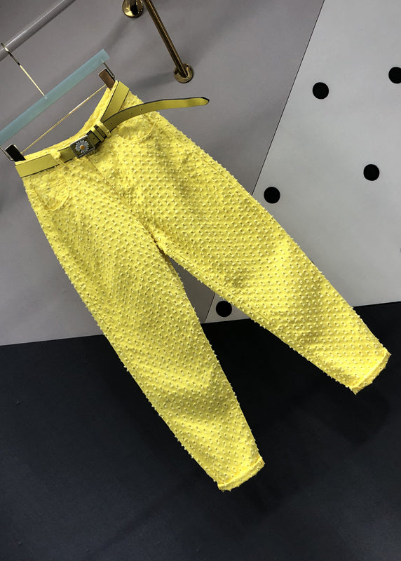Original Design Yellow Pockets Hollow Out Denim Pants Fall