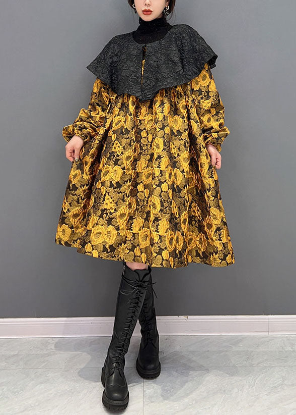 Original Design Yellow Turn-down Collar Jacquard Silk Dresses Spring