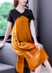 Original Design Yellow V Neck Patchwork Vintage Print Side Open Silk Dress Short Sleeve