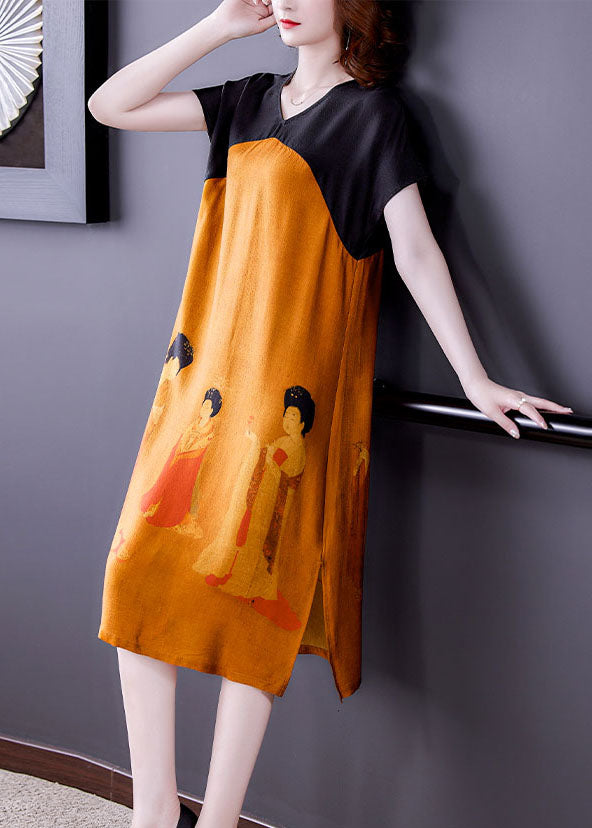 Original Design Yellow V Neck Patchwork Vintage Print Side Open Silk Dress Short Sleeve