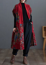 Original Ethnic Style Red V Neck Print Pockets Fine Cotton Filled Vest Winter