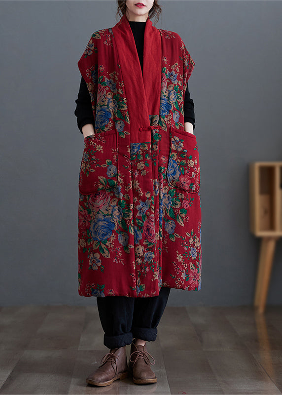 Original Ethnic Style Red V Neck Print Pockets Fine Cotton Filled Vest Winter