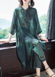 Originales grünes Taschen-Print-dünnes Seiden-Hemdkleid und Hose mit weitem Bein Zweiteiliges Outfit Sommer
