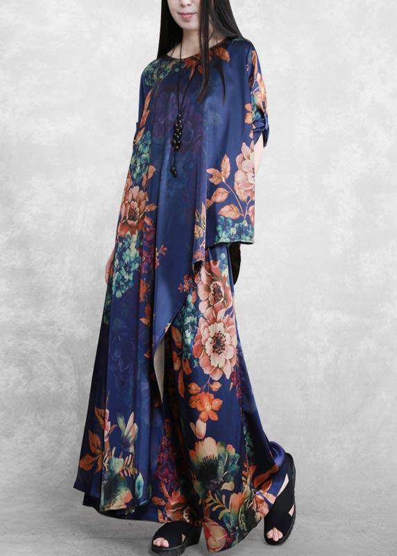 Original Literature And Art Blue Printing Large Mulberry Silk Suit Irregular Medium Long Casual Silk Two Piece Set - SooLinen