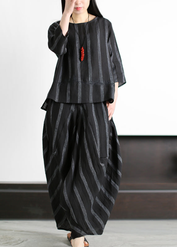 Original Loose Black Embroidered Striped Tops And Harm Pants Linen Two Pieces Set Summer