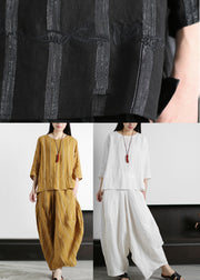 Original Loose Black Embroidered Striped Tops And Harm Pants Linen Two Pieces Set Summer