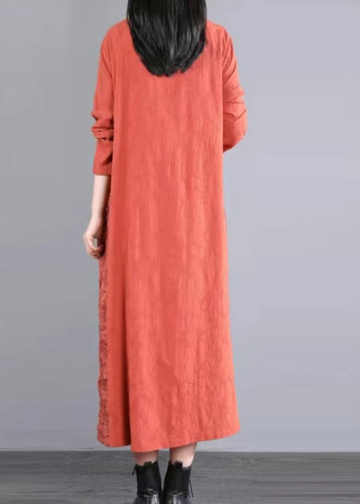 Original Orange V Neck Hollow Out Lace Patchwork Cotton Long Dresses Fall