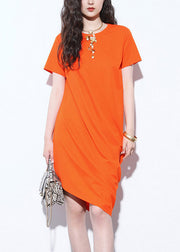 Original Orange Wrinkled Asymmetrical Mid Dress Summer