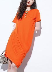 Original Orange Wrinkled Asymmetrical Mid Dress Summer
