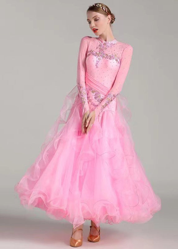 Original Pink Embroideried Zircon Tulle Patchwork Dance Dress Long Sleeve
