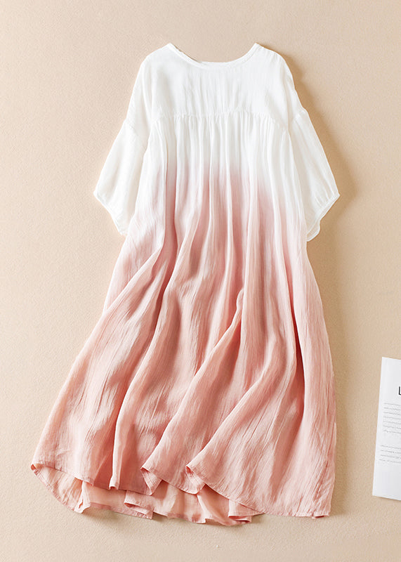 Original Pink Gradient O Neck Wrinkled Cotton Long Dress Half Sleeve