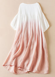 Original Pink Gradient O Neck Wrinkled Cotton Long Dress Half Sleeve