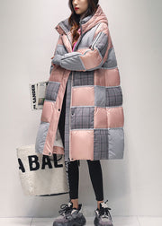 Original Pink Hooded Plaid Patchwork Duck Down Down Coat Winter