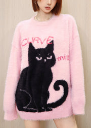 Original Pink O Neck Cat Mink Hair Knitted Pullover Tops Spring
