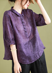 Original Purple Peter Pan Collar Print Linen Shirt Half Sleeve