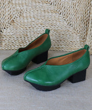 Original Retro Green Shallow Mouth Cowhide Leather Chunky Heel