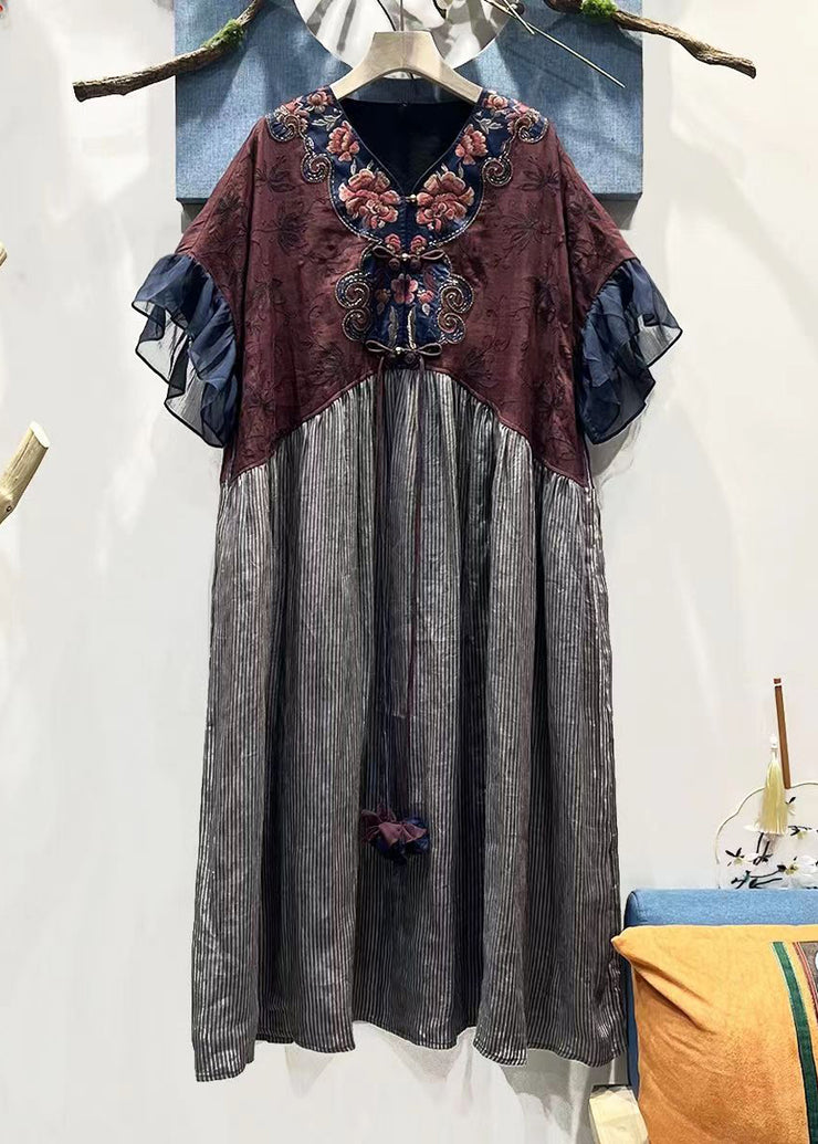 Original V-Neck Embroidered Loose Linen Dress Butterfly Sleeve