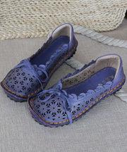 Original Vintage Flat Sandals Purple Cowhide Leather Hollow Out