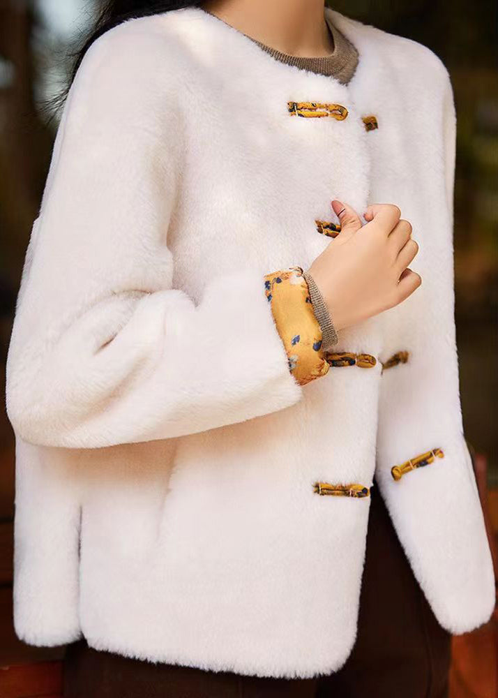 Original White O Neck Chinese Button Patchwork Wool Coats Winter