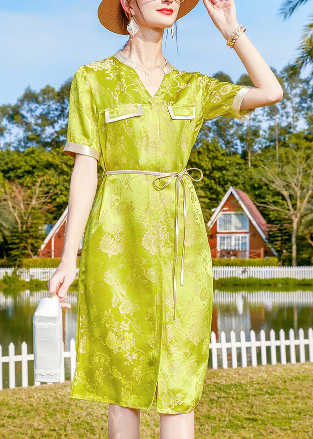 Original Yellow Green Side Open Jacquard V Neck Silk Dresses Short Sleeve