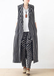 Original design loose medium length Beige striped vest elastic waist breeches suit - SooLinen