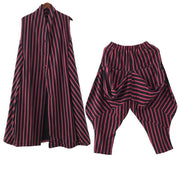 Original design loose medium length Beige striped vest elastic waist breeches suit - SooLinen