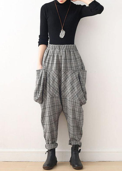 Original design retro gray thick loose large size warm knitted plaid Harlan bloomers - SooLinen