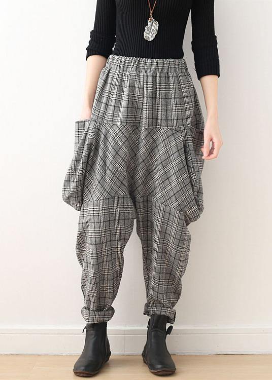 Original design retro gray thick loose large size warm knitted plaid Harlan bloomers - SooLinen