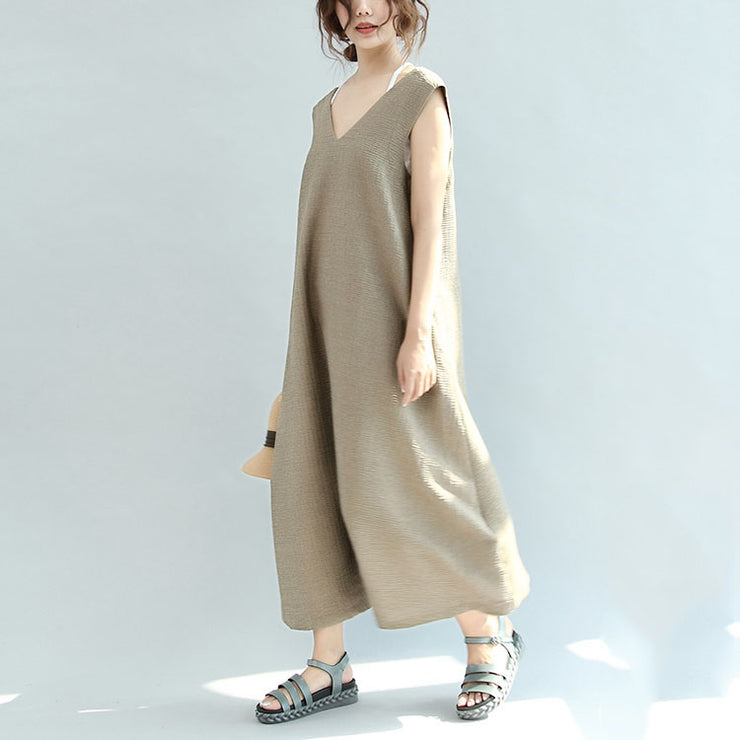 Original khaki casual linen dresses plus size v neck sundress sleeveless maxi dress