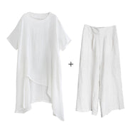 Original large size irregular cotton and linen suit female long section was thin white shirt wild wide-leg pants - SooLinen