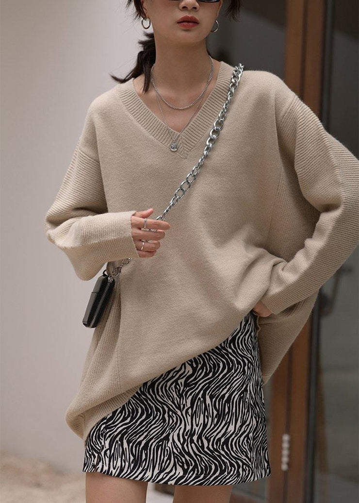 Over sized beige knitted clothes v neck oversized fall knit tops - SooLinen