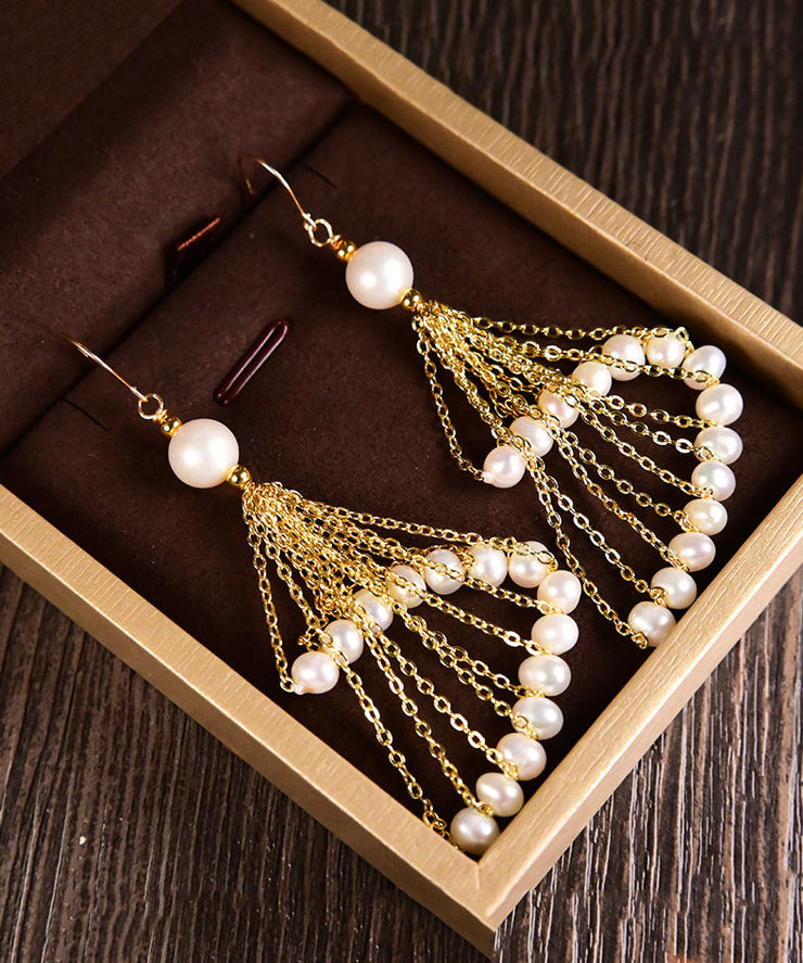 Oversize 14K Gold Pearl Tassel Drop Earrings