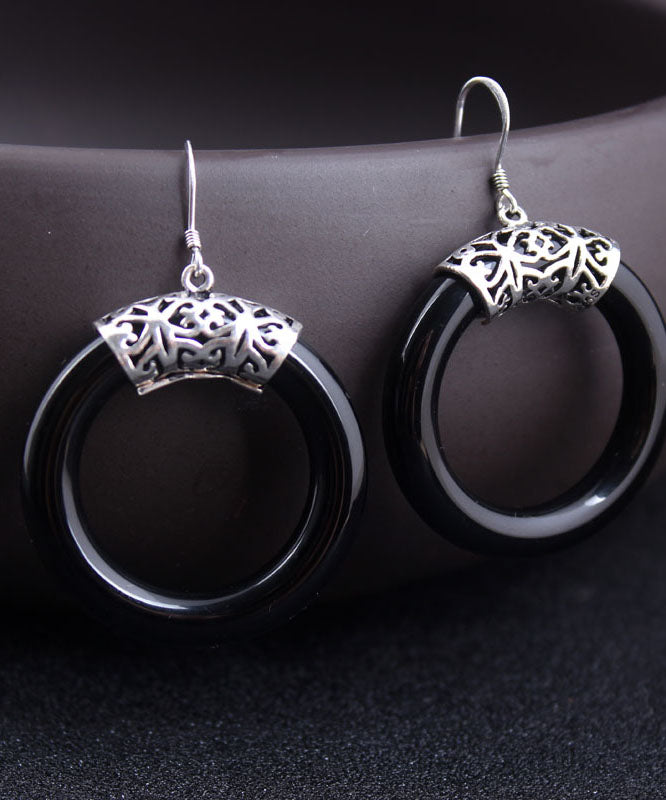Oversize Black Sterling Silver Agate Circle Hoop Earrings