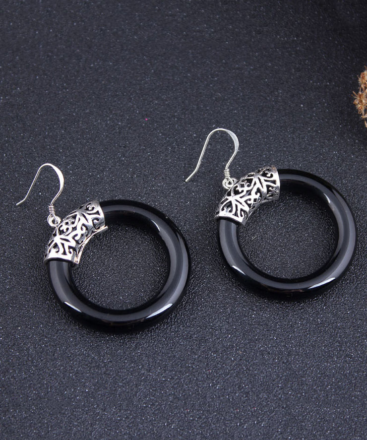 Oversize Black Sterling Silver Agate Circle Hoop Earrings