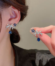 Oversize Blue Sterling Silver Zircon Floral Water Drop Drop Earrings
