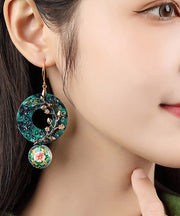 Oversize Green Copper Cloisonne Gem Stone Flower Drop Earrings