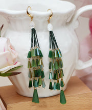 Oversize Green Copper Crystal Shell Flower Tassel Drop Earrings