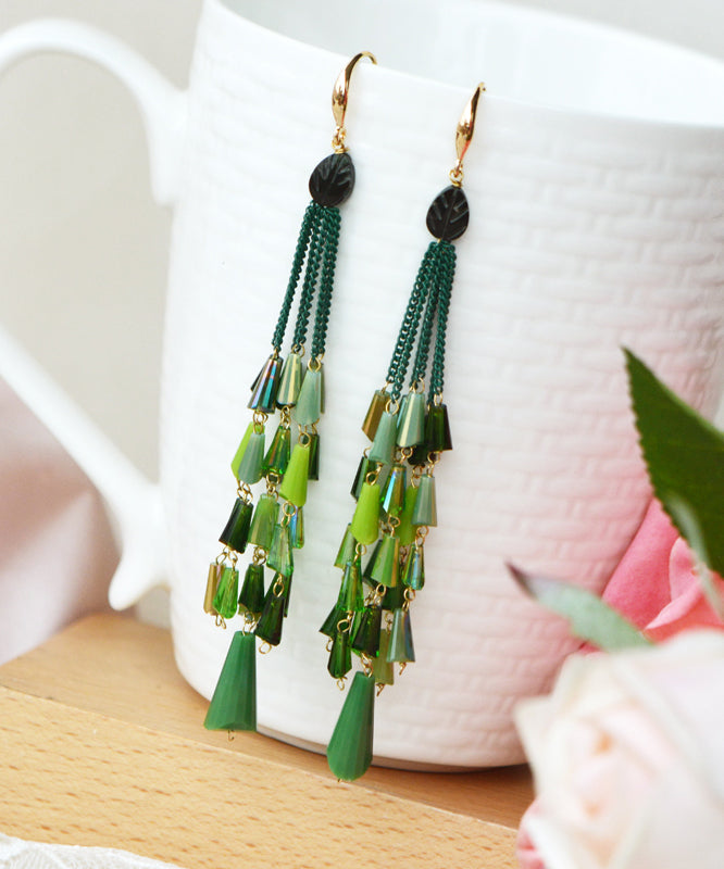 Oversize Green Copper Crystal Shell Flower Tassel Drop Earrings