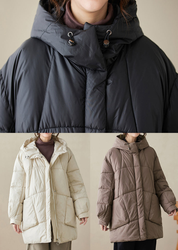 Oversized Beige Hooded Pockets Fine Cotton Filled Puffers Coats Winter