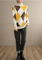 Oversized Beige Yellow Plaid Knitted Clothes High Neck Plus Size Knitwear - SooLinen