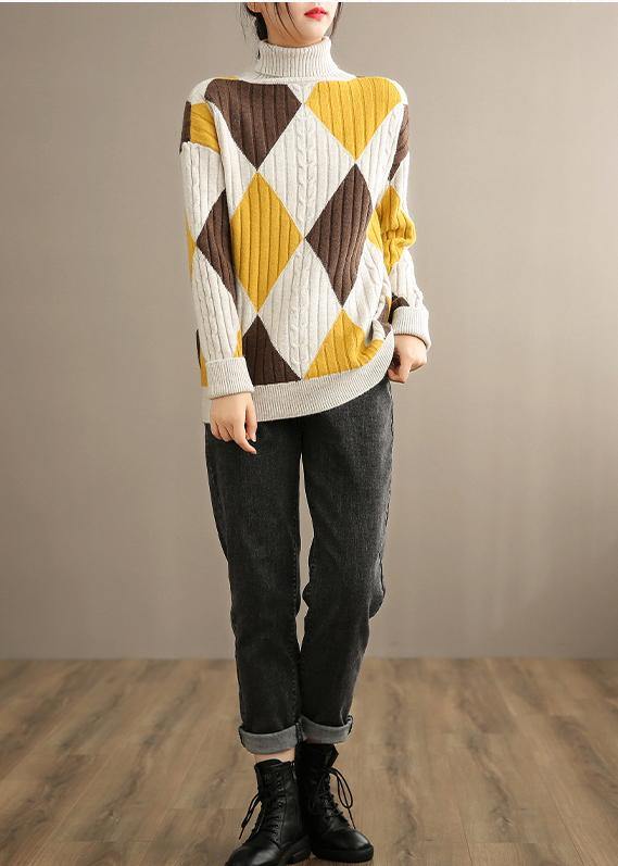 Oversized Beige Yellow Plaid Knitted Clothes High Neck Plus Size Knitwear - SooLinen