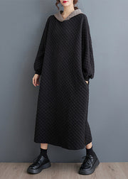 Oversized Black Hooded Fine Cotton Filled Long Dresses Winter