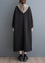 Oversized Black Hooded Fine Cotton Filled Long Dresses Winter