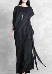 Oversized Black O-Neck Asymmetrical Patchwork Tie Waist Linen Two Piece Set Summer