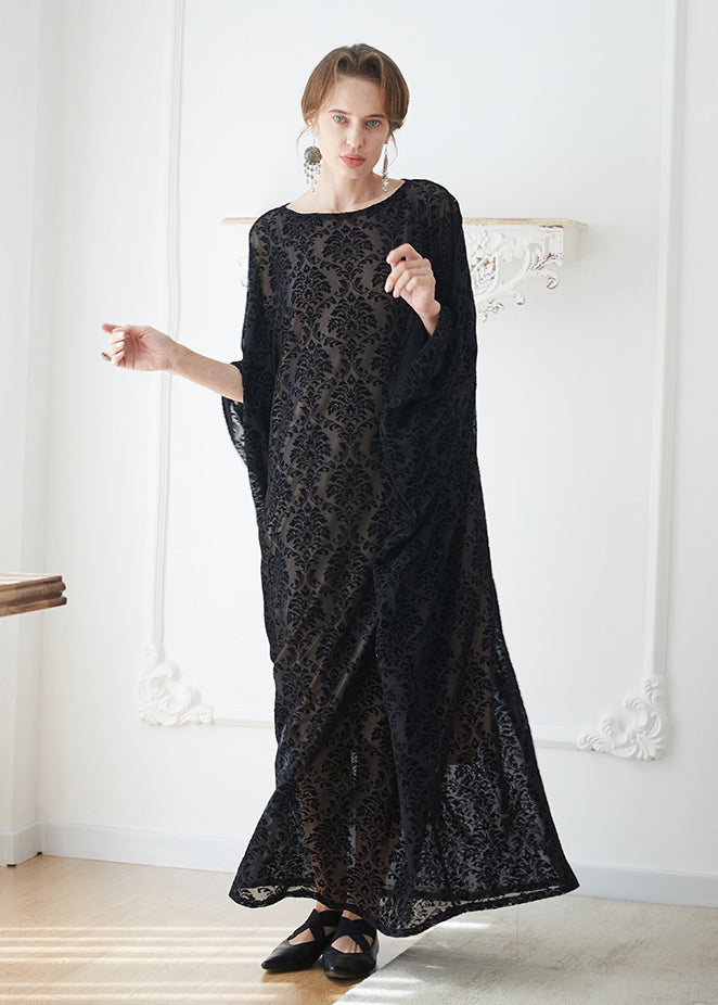 Oversized Black O Neck Jacquard Velour Robe Dresses Summer