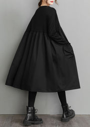 Oversized Black O Neck Wrinkled Pockets Patchwork Cotton Dress Spring