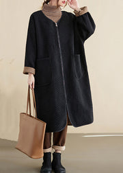 Oversized Black Zip Up Pockets Patchwork Cotton Trench Winter