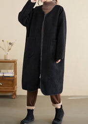 Oversized Black Zip Up Pockets Patchwork Cotton Trench Winter