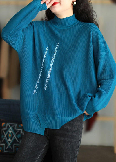 Oversized Blue Embroidery Blouse High Neck Oversized Knitted Blouse - SooLinen